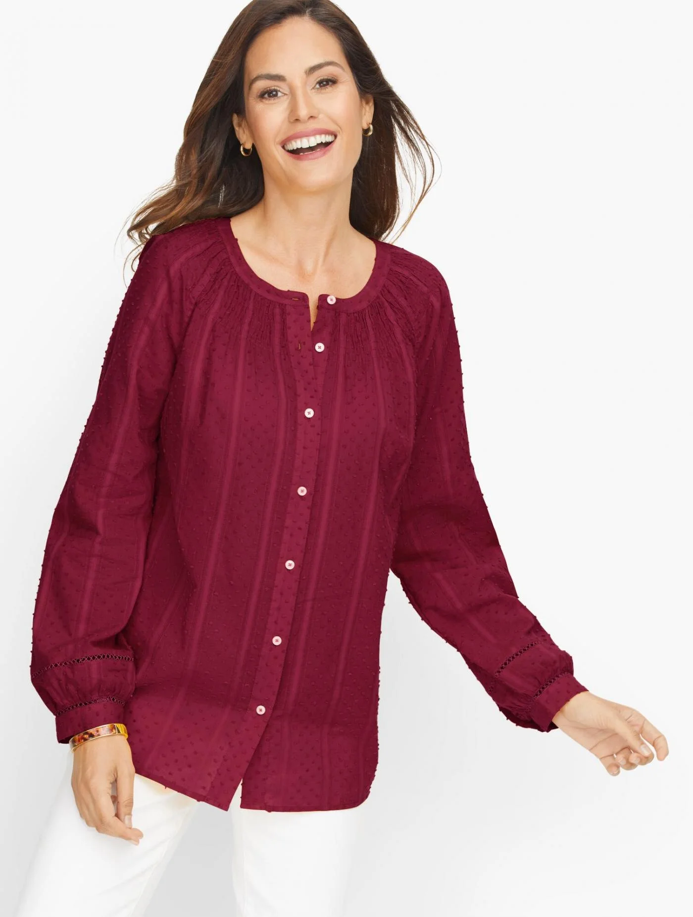 Blouses and Shirts | Swiss Dot Smock Neck Top SHIRAZ &#8211; Talbots Womens